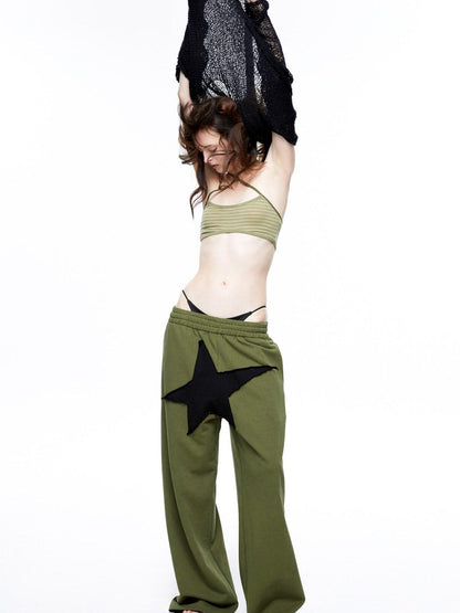 LYUOCHENG Military Green Five Star Patchwork Low Rise Wide Leg Women&