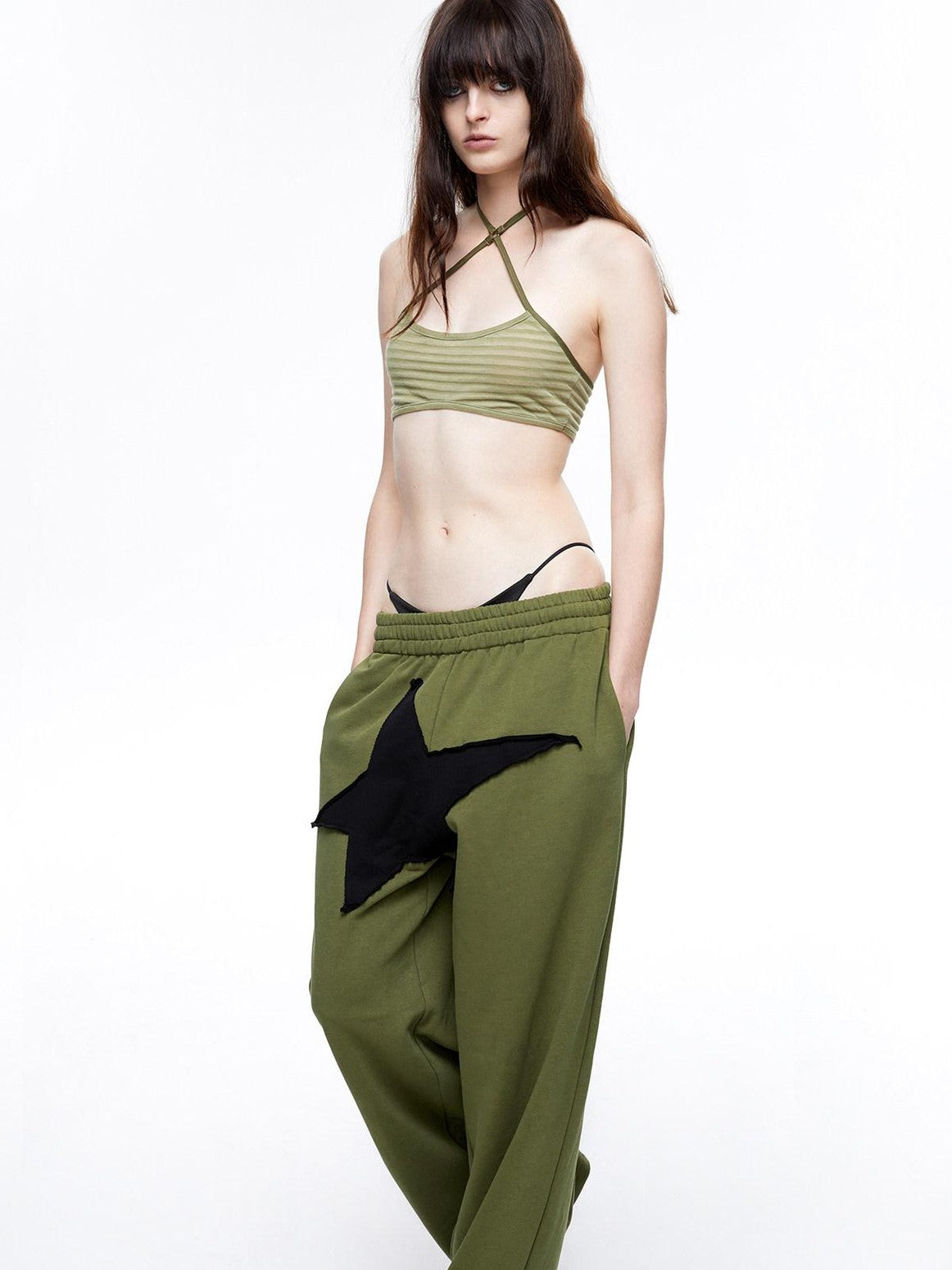 LYUOCHENG Military Green Five Star Patchwork Low Rise Wide Leg Women&