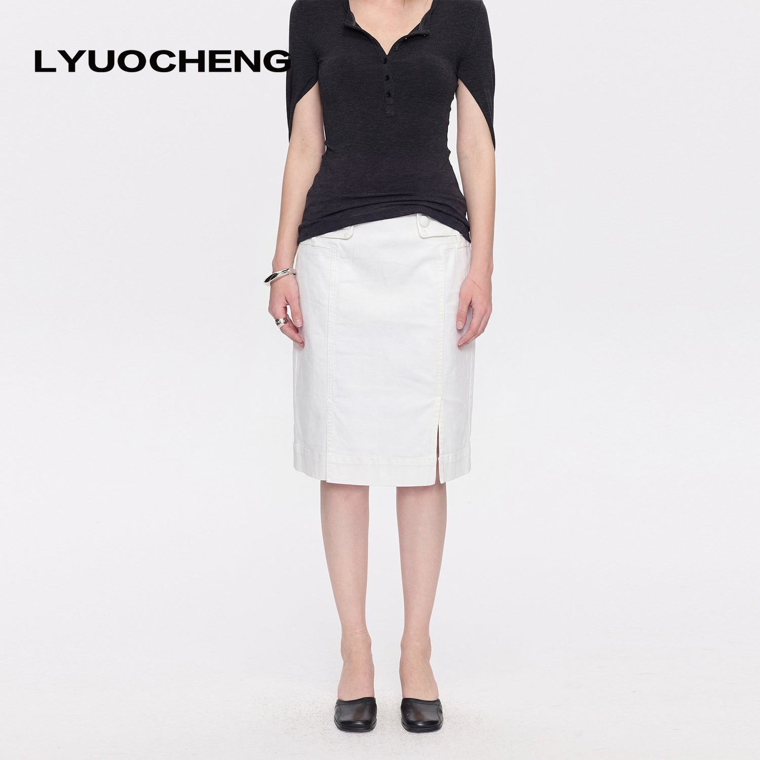 LYUOCHENG_Minimal_White_Low_Waist_Button_Belt_Pencil_Women&