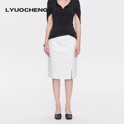 LYUOCHENG_Minimal_White_Low_Waist_Button_Belt_Pencil_Women&