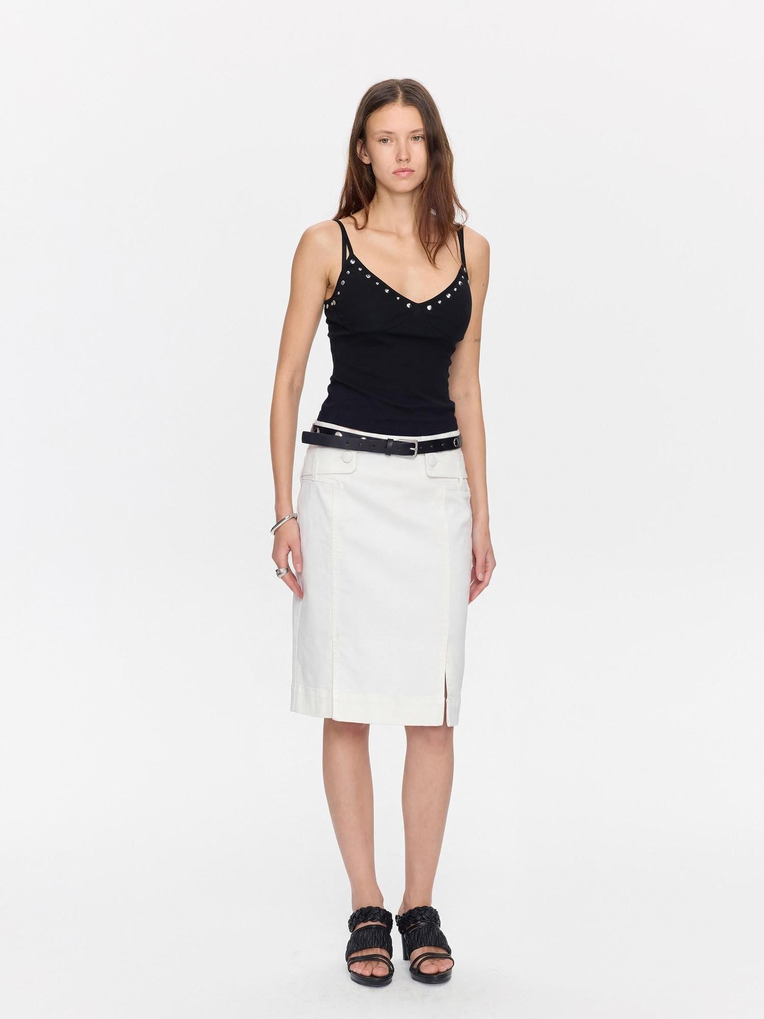 LYUOCHENG Minimal White Low Waist Button Belt Pencil Women&