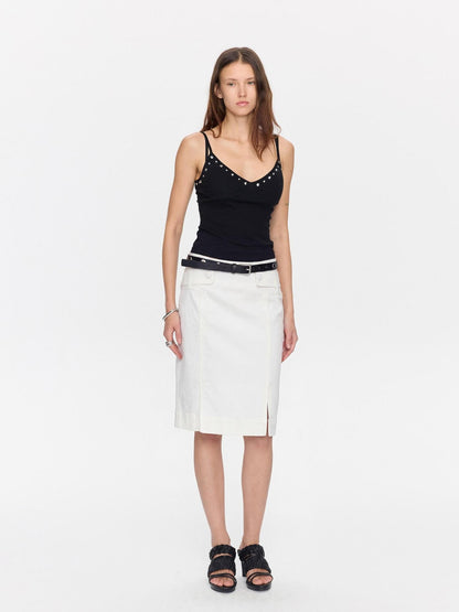 LYUOCHENG Minimal White Low Waist Button Belt Pencil Women&