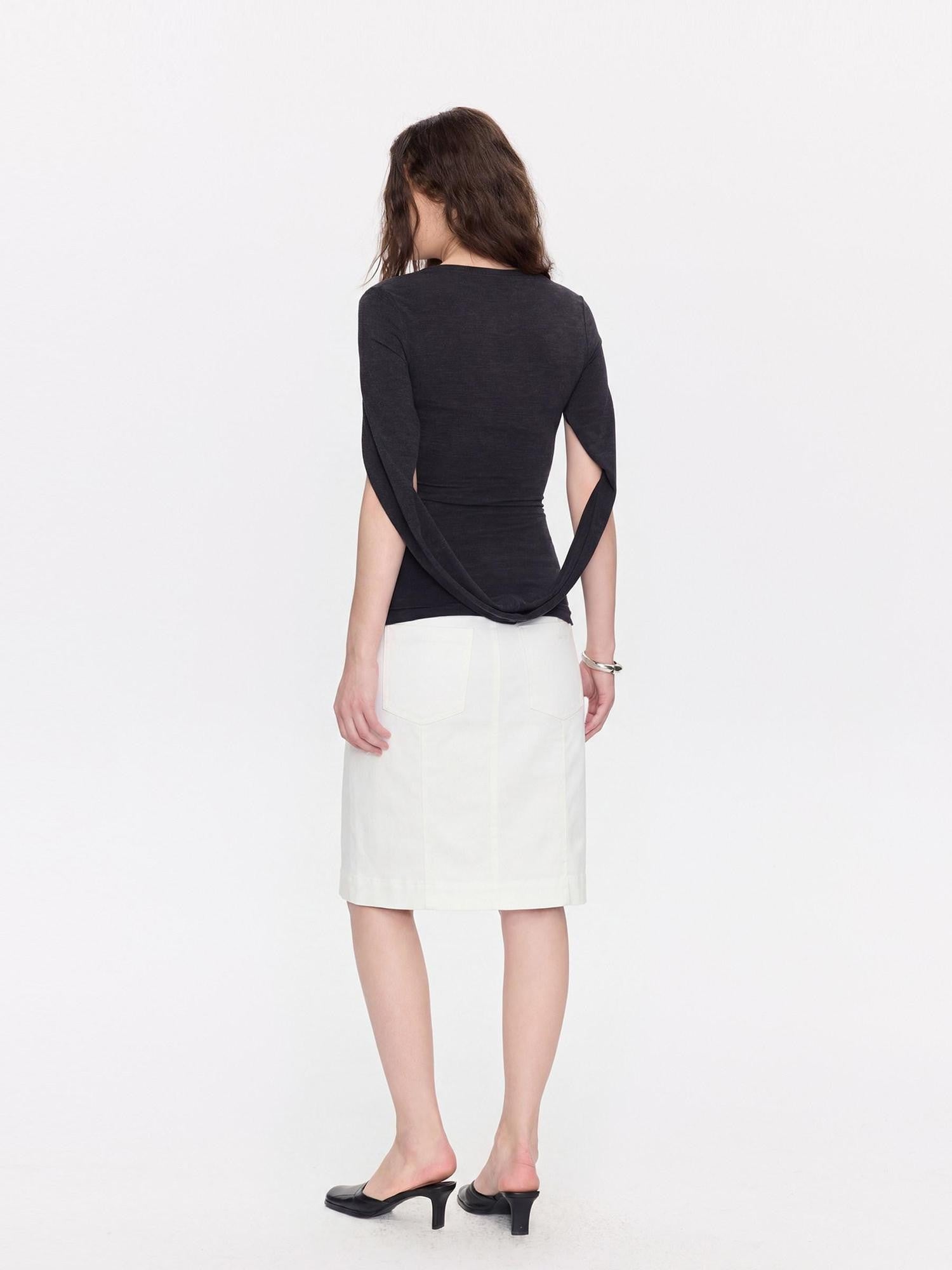 LYUOCHENG Minimal White Low Waist Button Belt Pencil Women&