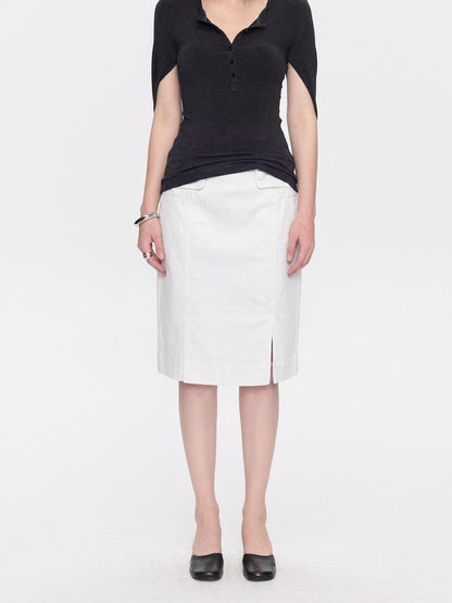 LYUOCHENG Minimal White Low Waist Button Belt Pencil Women&