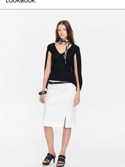 LYUOCHENG Minimal White Low Waist Button Belt Pencil Women&