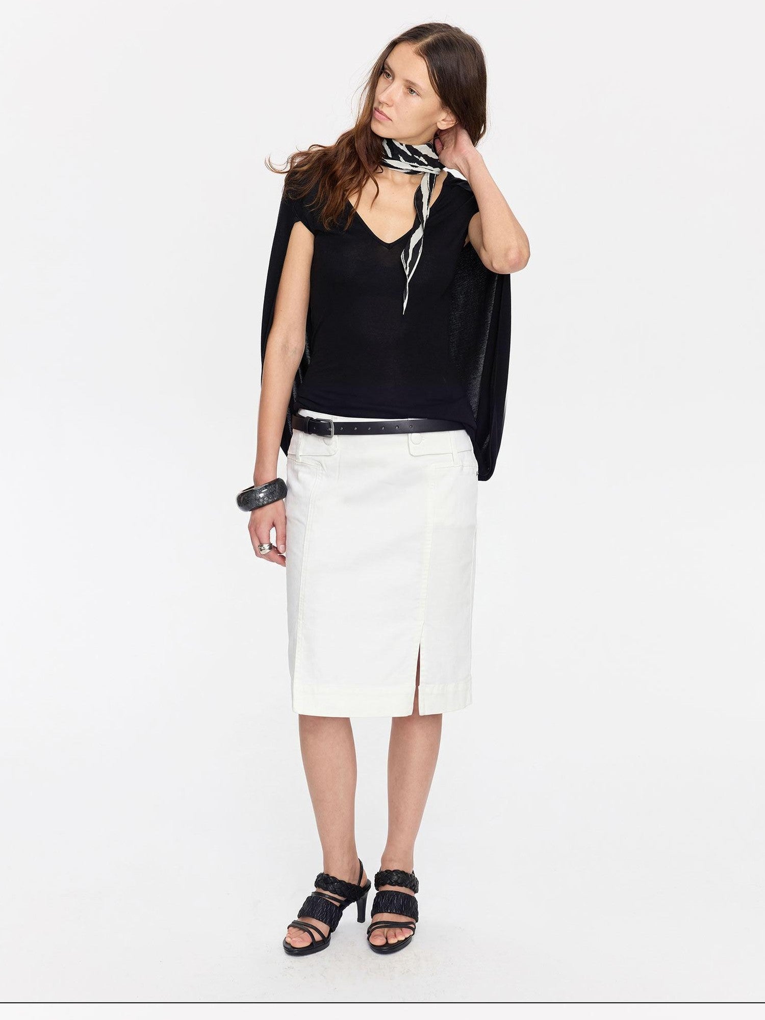 LYUOCHENG Minimal White Low Waist Button Belt Pencil Women&