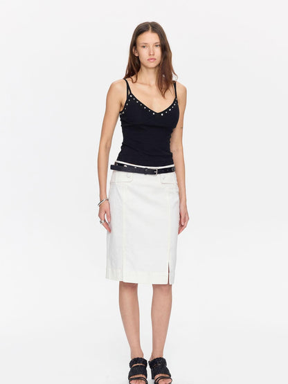 LYUOCHENG Minimal White Low Waist Button Belt Pencil Women&