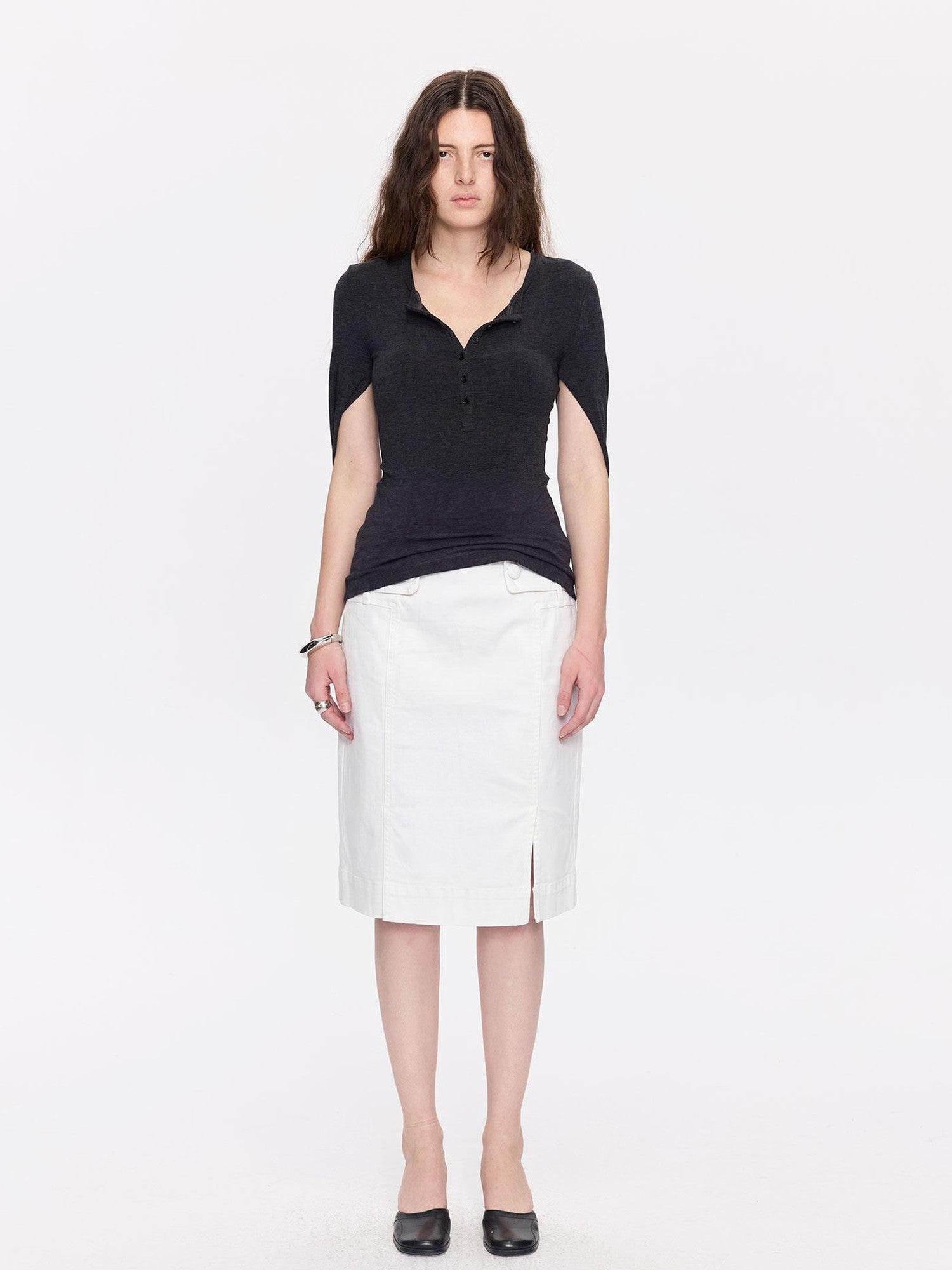LYUOCHENG Minimal White Low Waist Button Belt Pencil Women&
