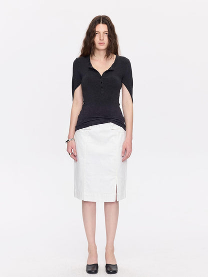 LYUOCHENG Minimal White Low Waist Button Belt Pencil Women&