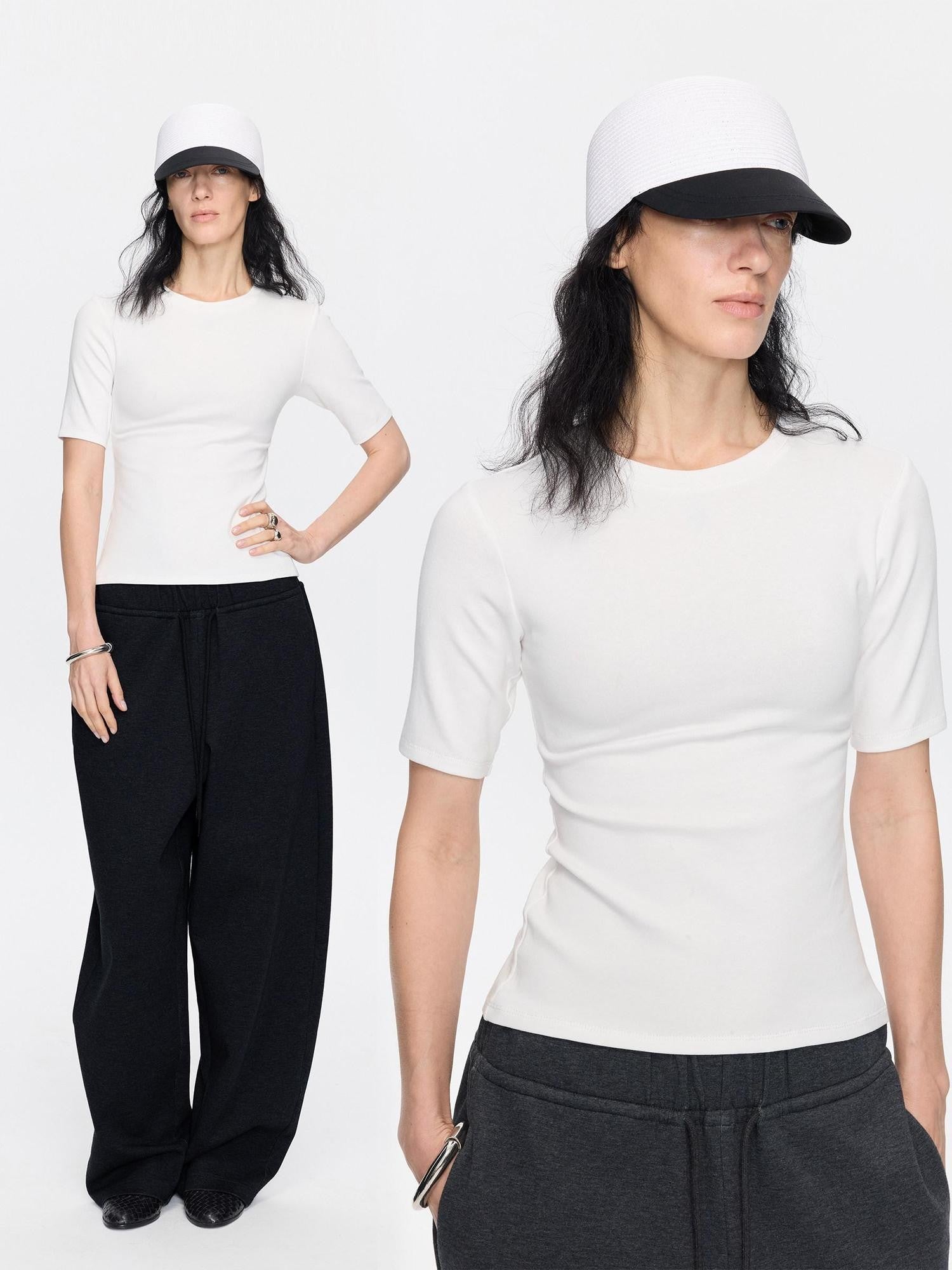 LYUOCHENG Minimalist Crew Neck Mid Sleeve Stretch Women&