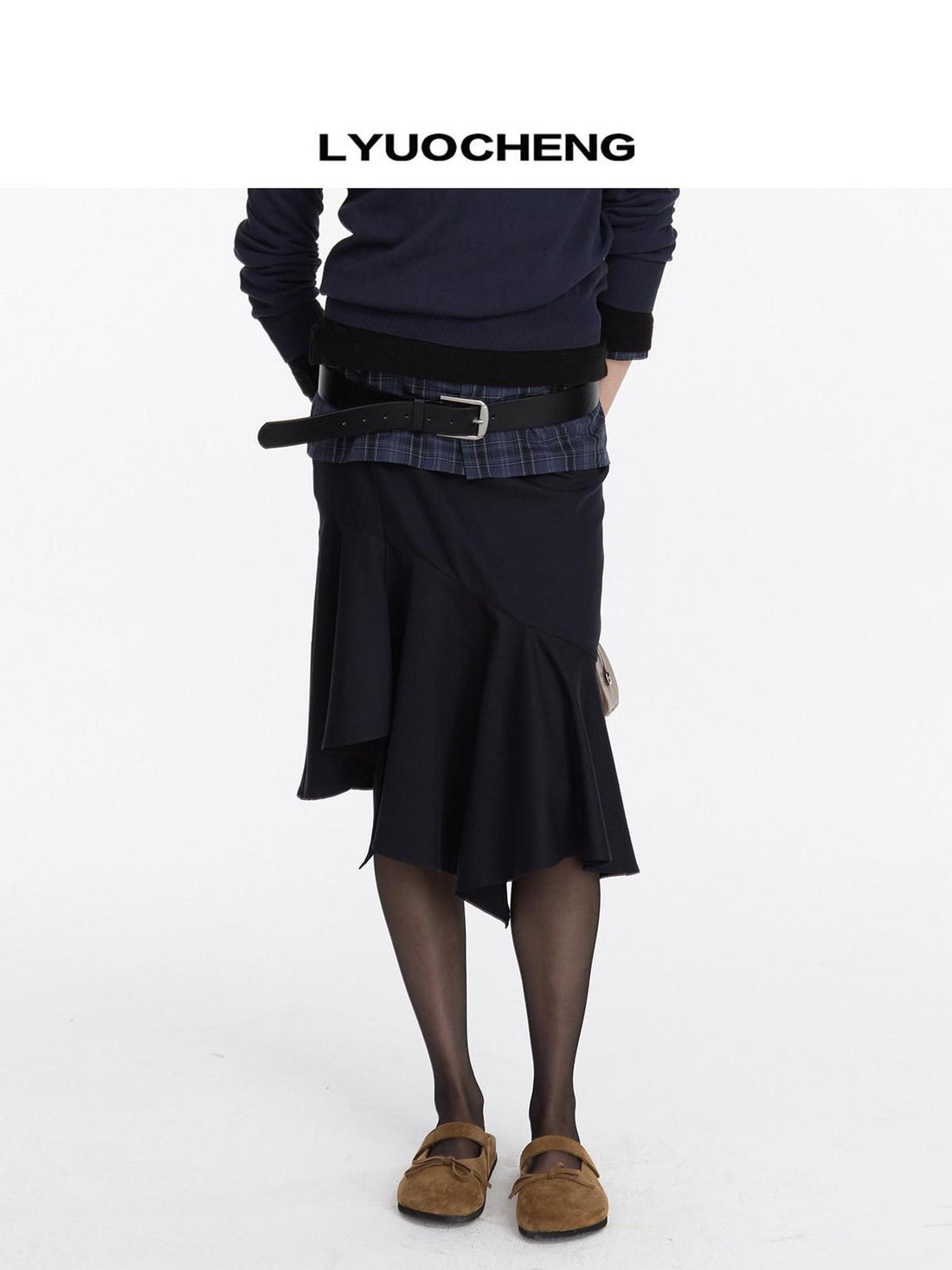 LYUOCHENG Navy Asymmetric Hem Panel Ruffle Women&
