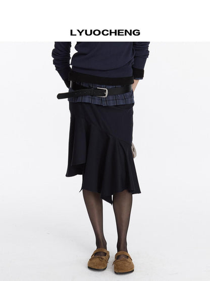 LYUOCHENG Navy Asymmetric Hem Panel Ruffle Women&