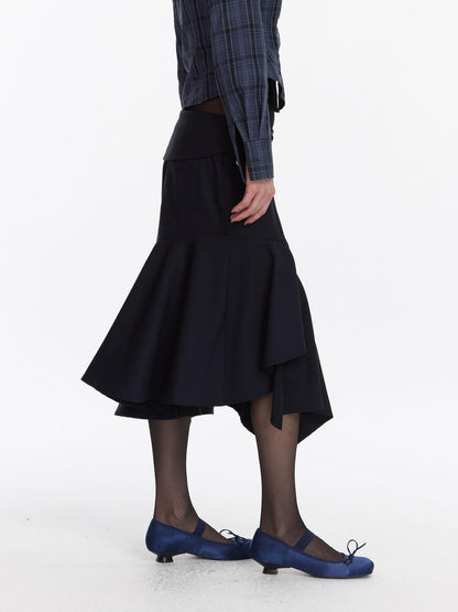 LYUOCHENG Navy Asymmetric Hem Panel Ruffle Women&