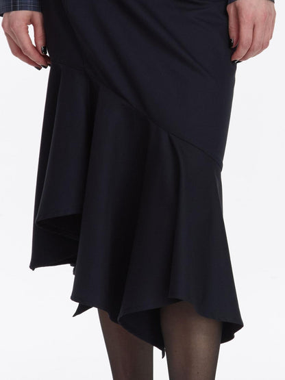 LYUOCHENG Navy Asymmetric Hem Panel Ruffle Women&