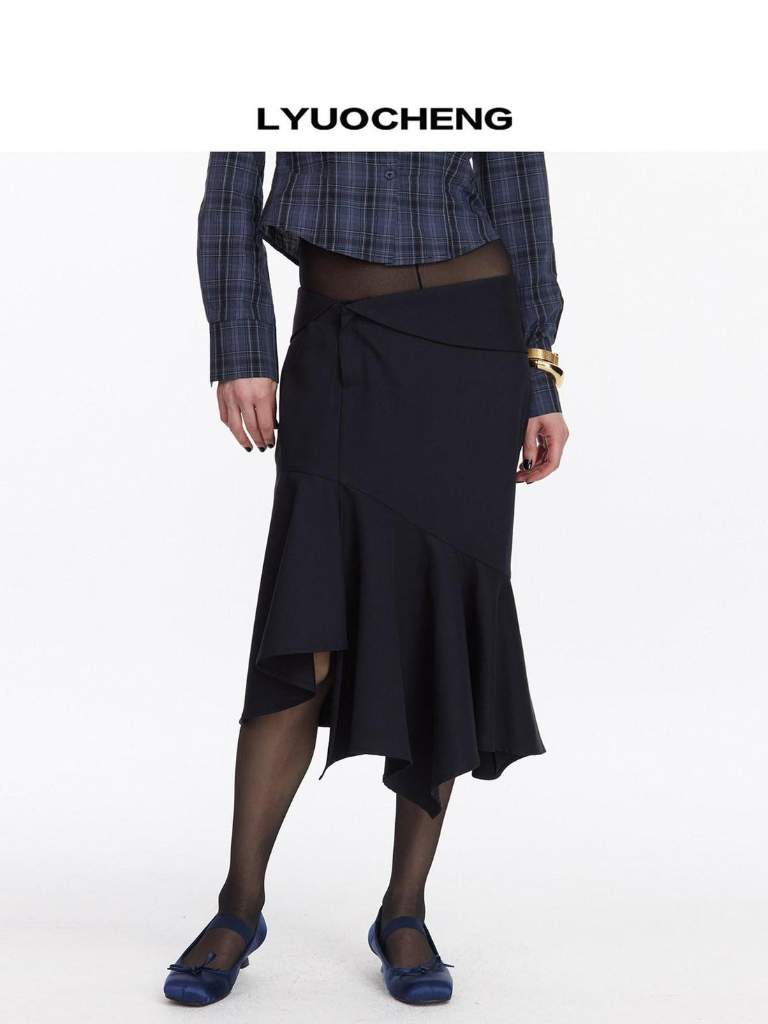 LYUOCHENG Navy Asymmetric Hem Panel Ruffle Women&