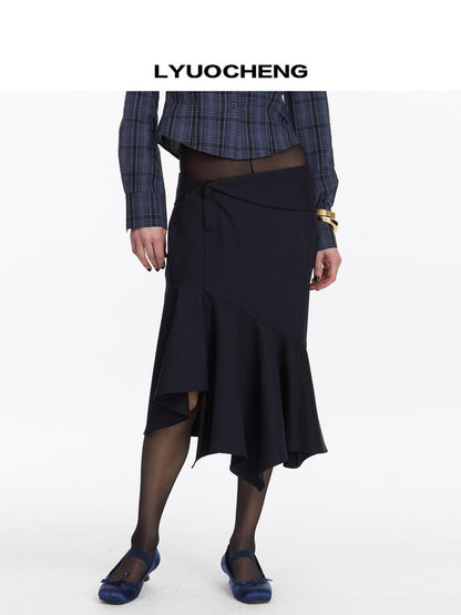 LYUOCHENG Navy Asymmetric Hem Panel Ruffle Women&