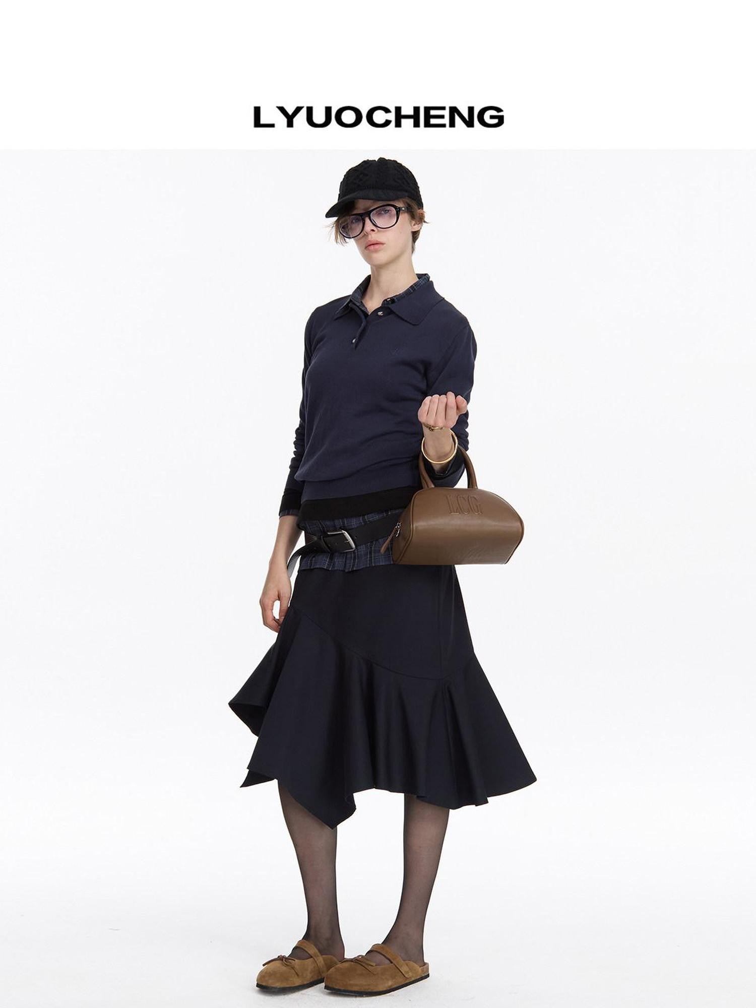 LYUOCHENG Navy Asymmetric Hem Panel Ruffle Women&