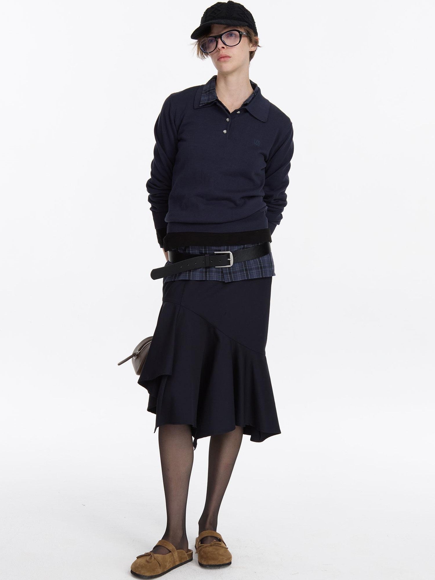 LYUOCHENG Navy Asymmetric Hem Panel Ruffle Women&