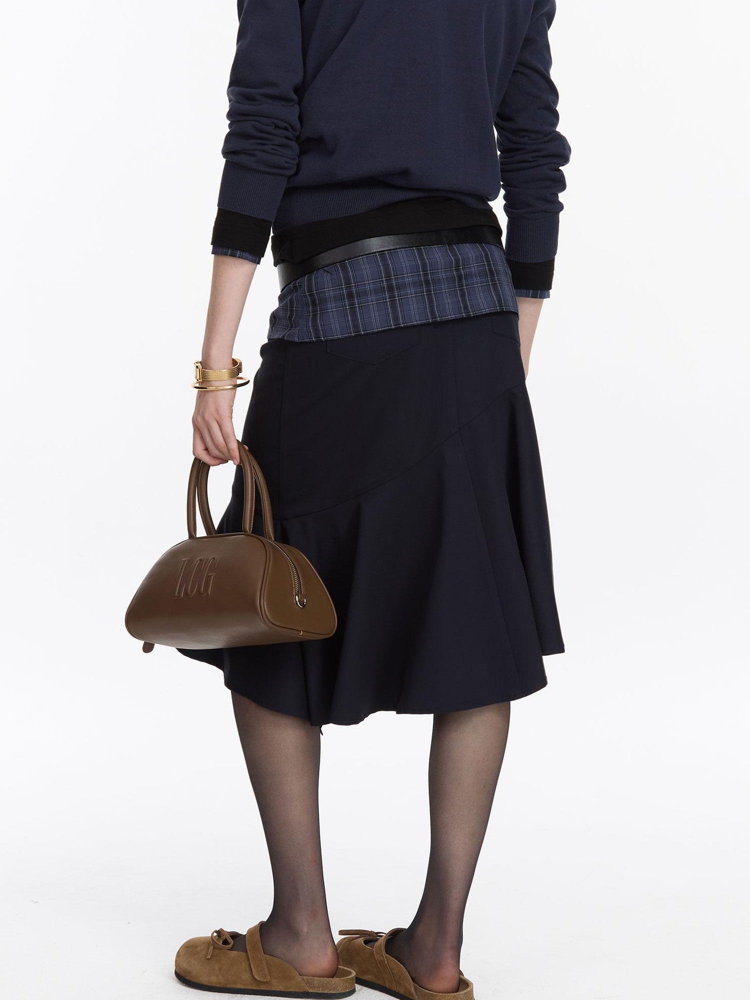 LYUOCHENG Navy Asymmetric Hem Panel Ruffle Women&