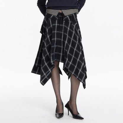 LYUOCHENG_Navy_Plaid_Irregular_Tie_Detail_Vintage_Women&