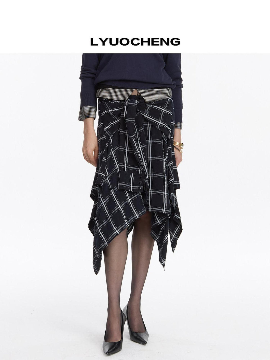 LYUOCHENG Navy Plaid Irregular Tie Detail Vintage Women&