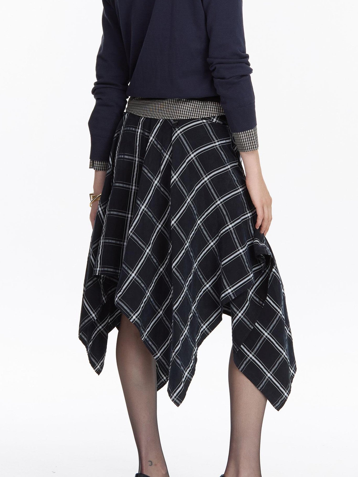 LYUOCHENG Navy Plaid Irregular Tie Detail Vintage Women&
