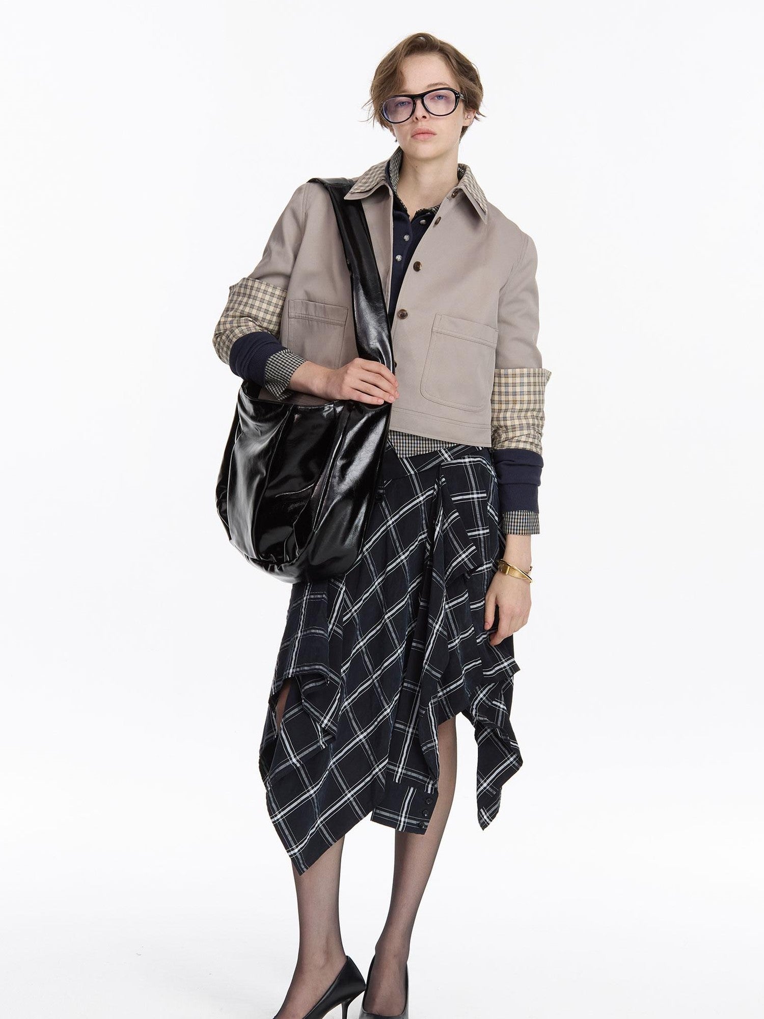 LYUOCHENG Navy Plaid Irregular Tie Detail Vintage Women&