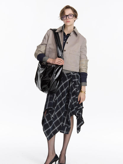 LYUOCHENG Navy Plaid Irregular Tie Detail Vintage Women&