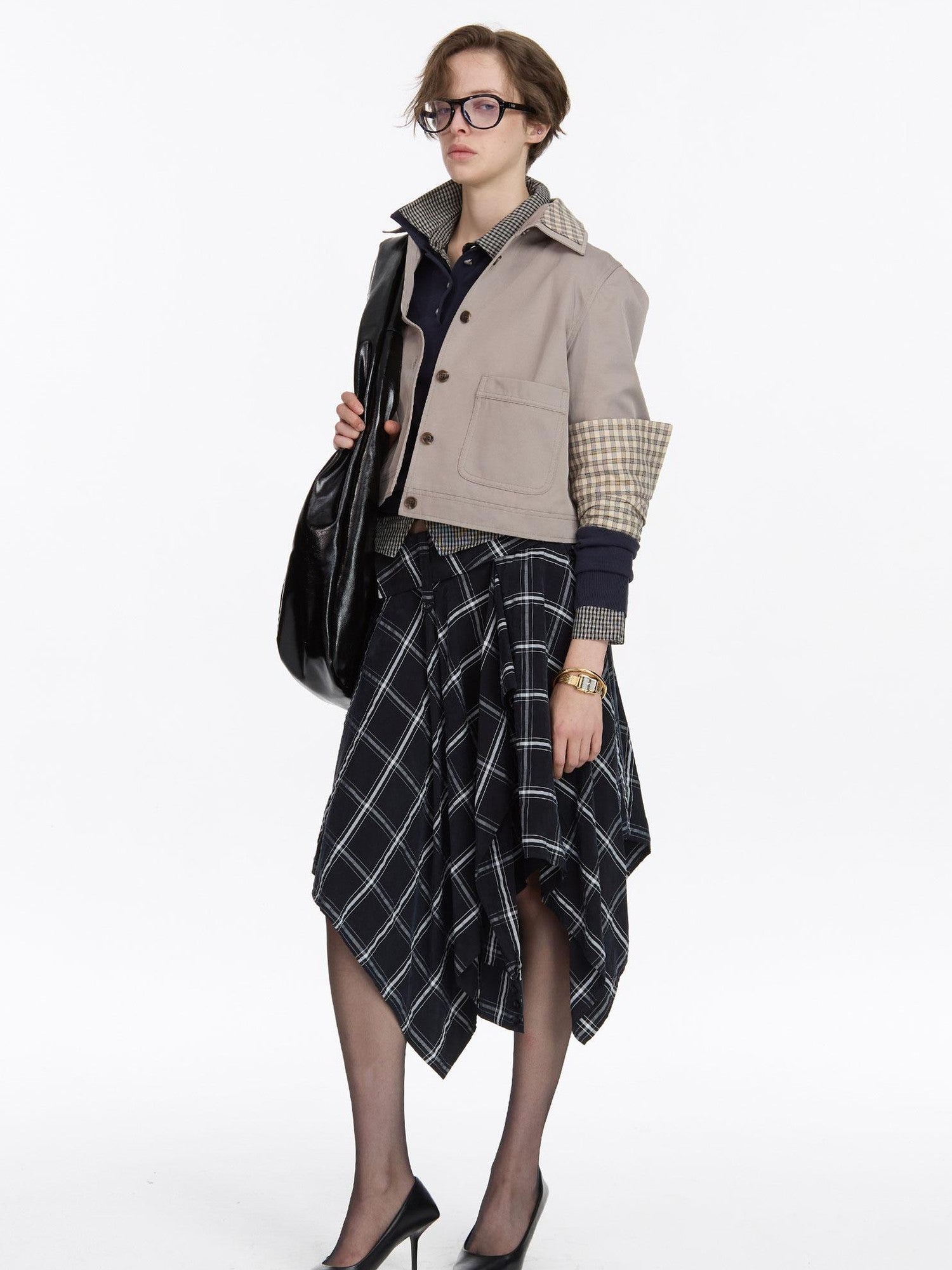 LYUOCHENG Navy Plaid Irregular Tie Detail Vintage Women&