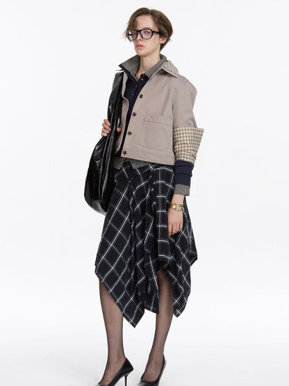LYUOCHENG Navy Plaid Irregular Tie Detail Vintage Women&
