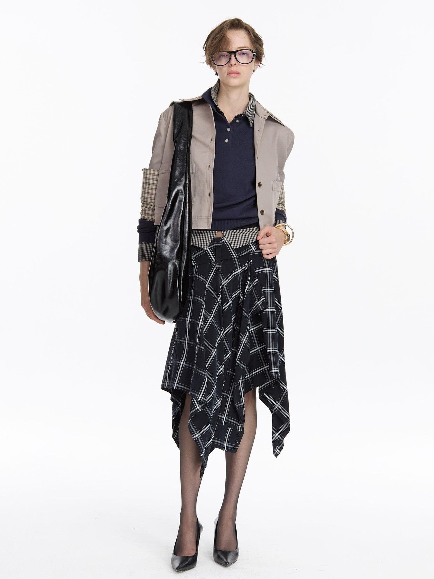 LYUOCHENG Navy Plaid Irregular Tie Detail Vintage Women&