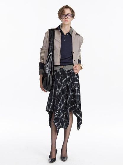 LYUOCHENG Navy Plaid Irregular Tie Detail Vintage Women&