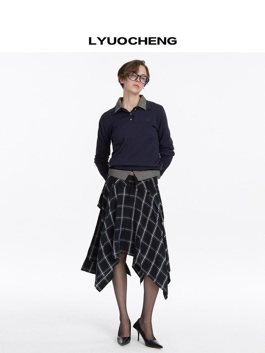 LYUOCHENG Navy Plaid Irregular Tie Detail Vintage Women&