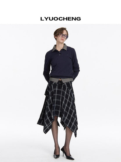 LYUOCHENG Navy Plaid Irregular Tie Detail Vintage Women&