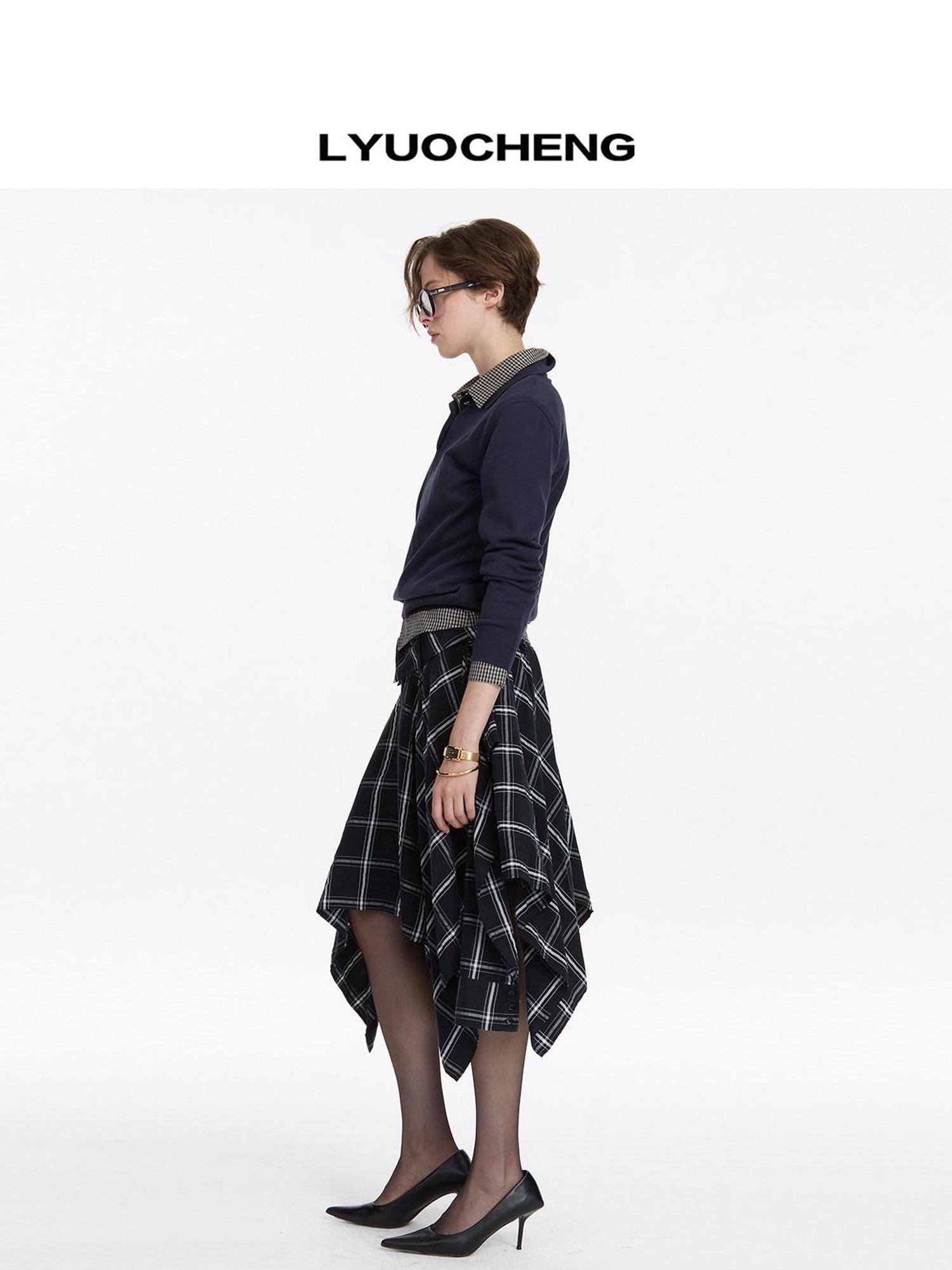 LYUOCHENG Navy Plaid Irregular Tie Detail Vintage Women&
