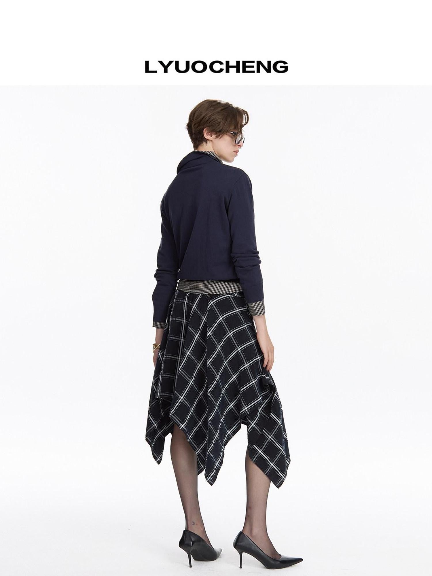 LYUOCHENG Navy Plaid Irregular Tie Detail Vintage Women&