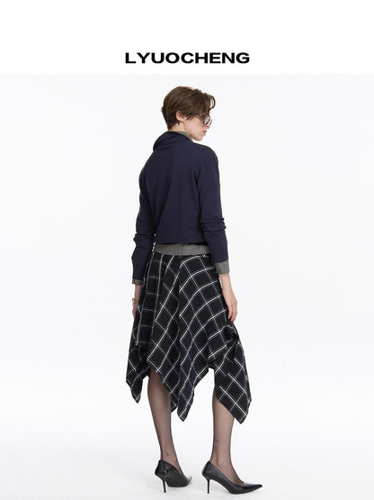 LYUOCHENG Navy Plaid Irregular Tie Detail Vintage Women&