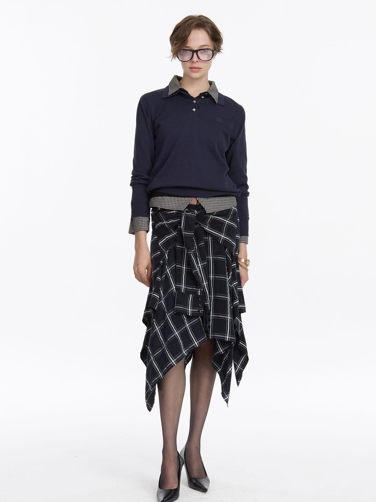 LYUOCHENG Navy Plaid Irregular Tie Detail Vintage Women&