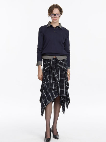 LYUOCHENG Navy Plaid Irregular Tie Detail Vintage Women&