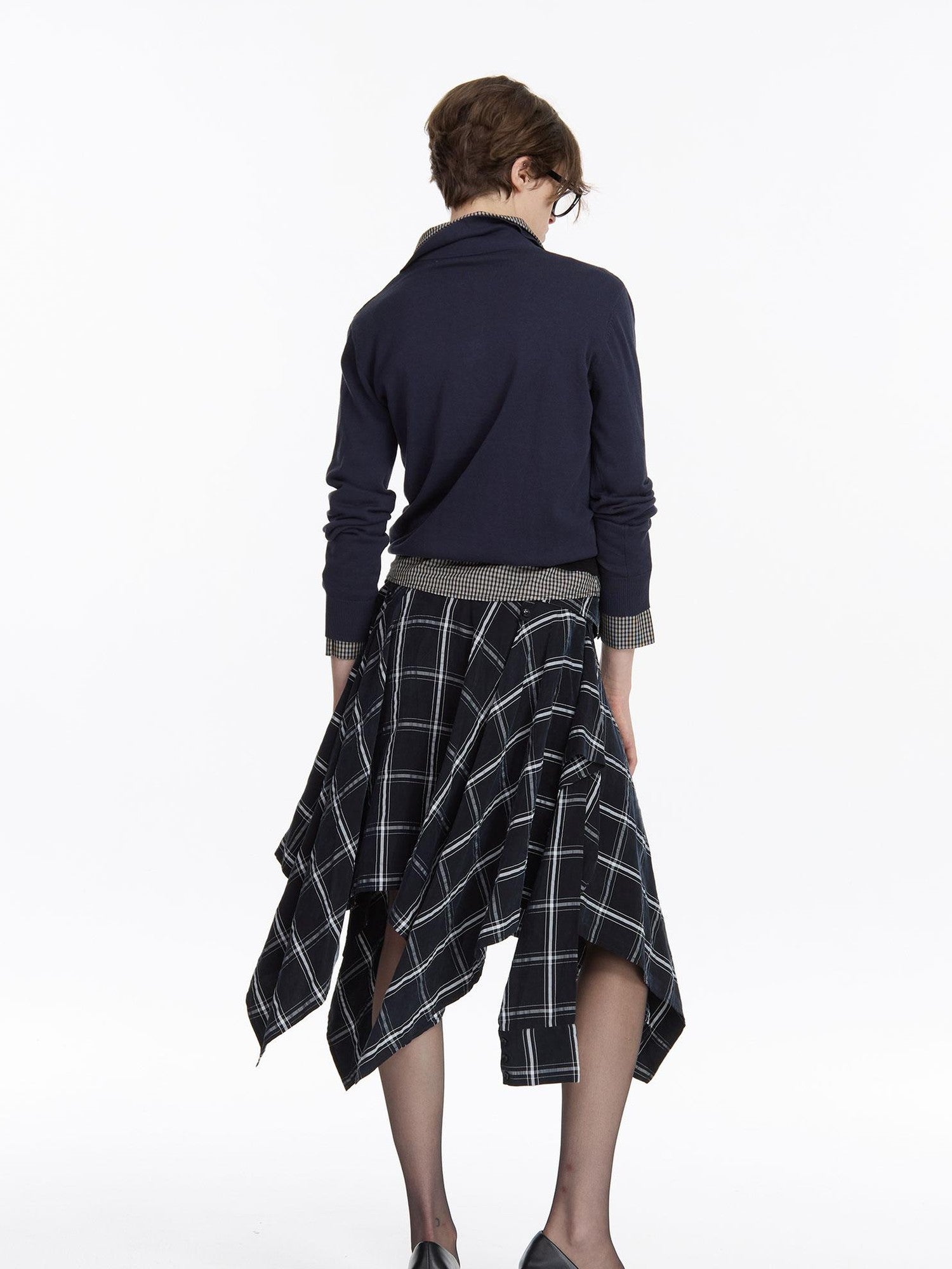 LYUOCHENG Navy Plaid Irregular Tie Detail Vintage Women&