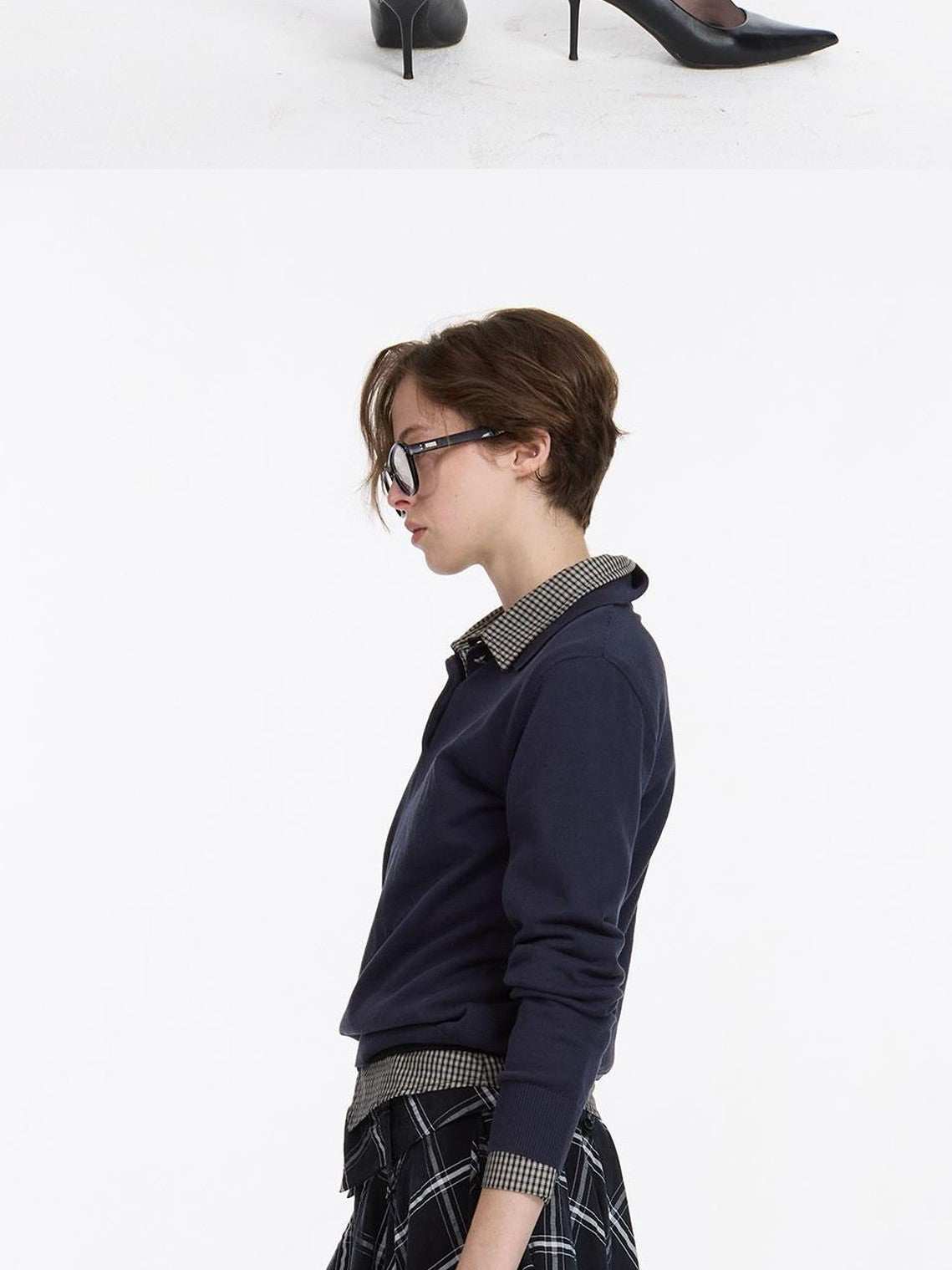 LYUOCHENG Navy Plaid Irregular Tie Detail Vintage Women&