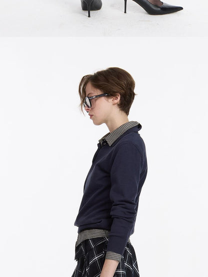 LYUOCHENG Navy Plaid Irregular Tie Detail Vintage Women&