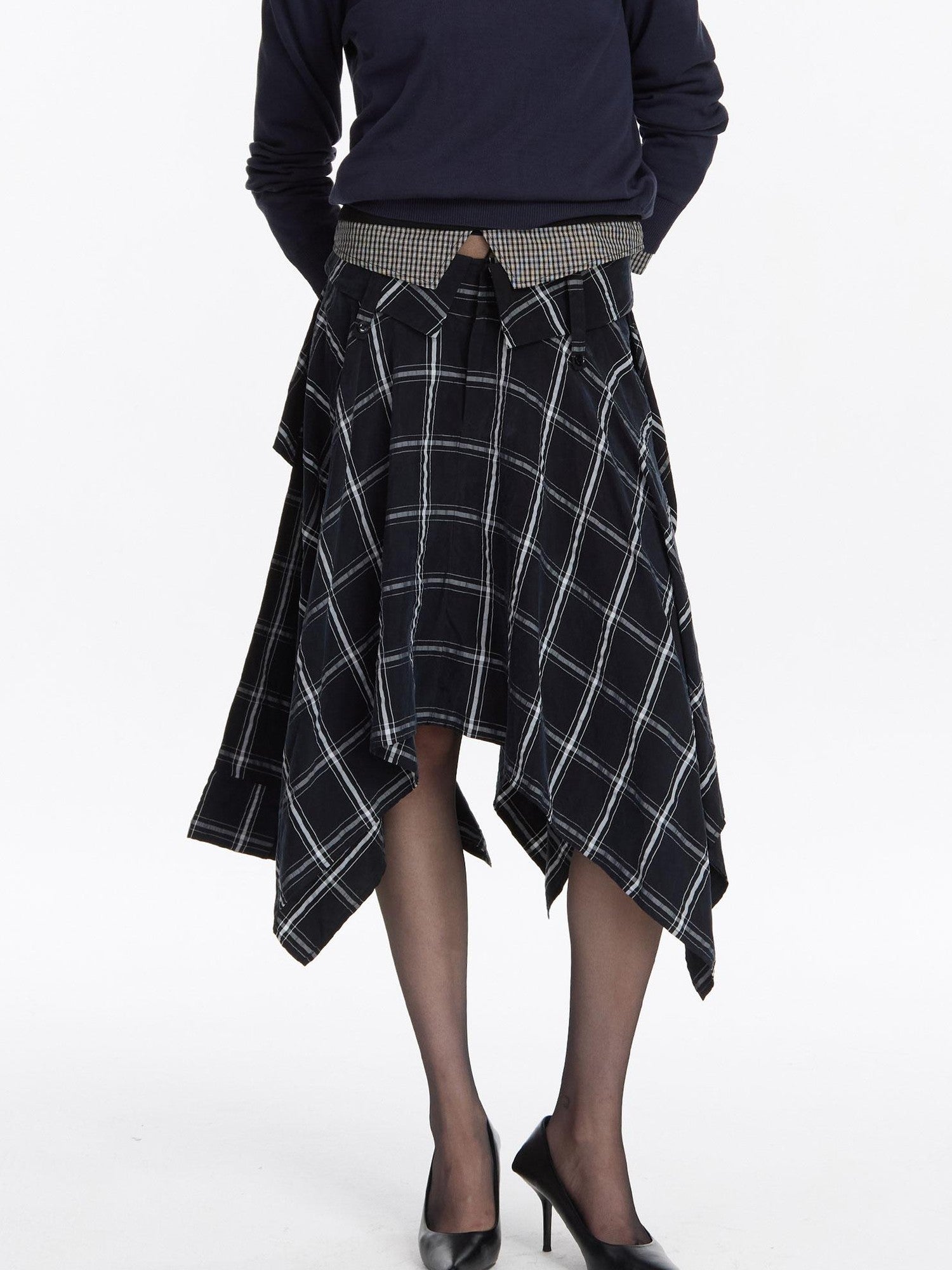 LYUOCHENG Navy Plaid Irregular Tie Detail Vintage Women&