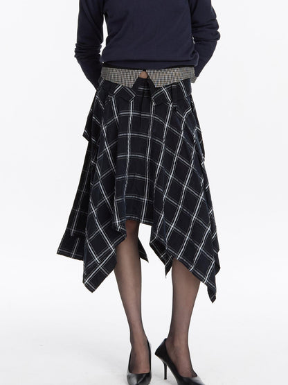 LYUOCHENG Navy Plaid Irregular Tie Detail Vintage Women&