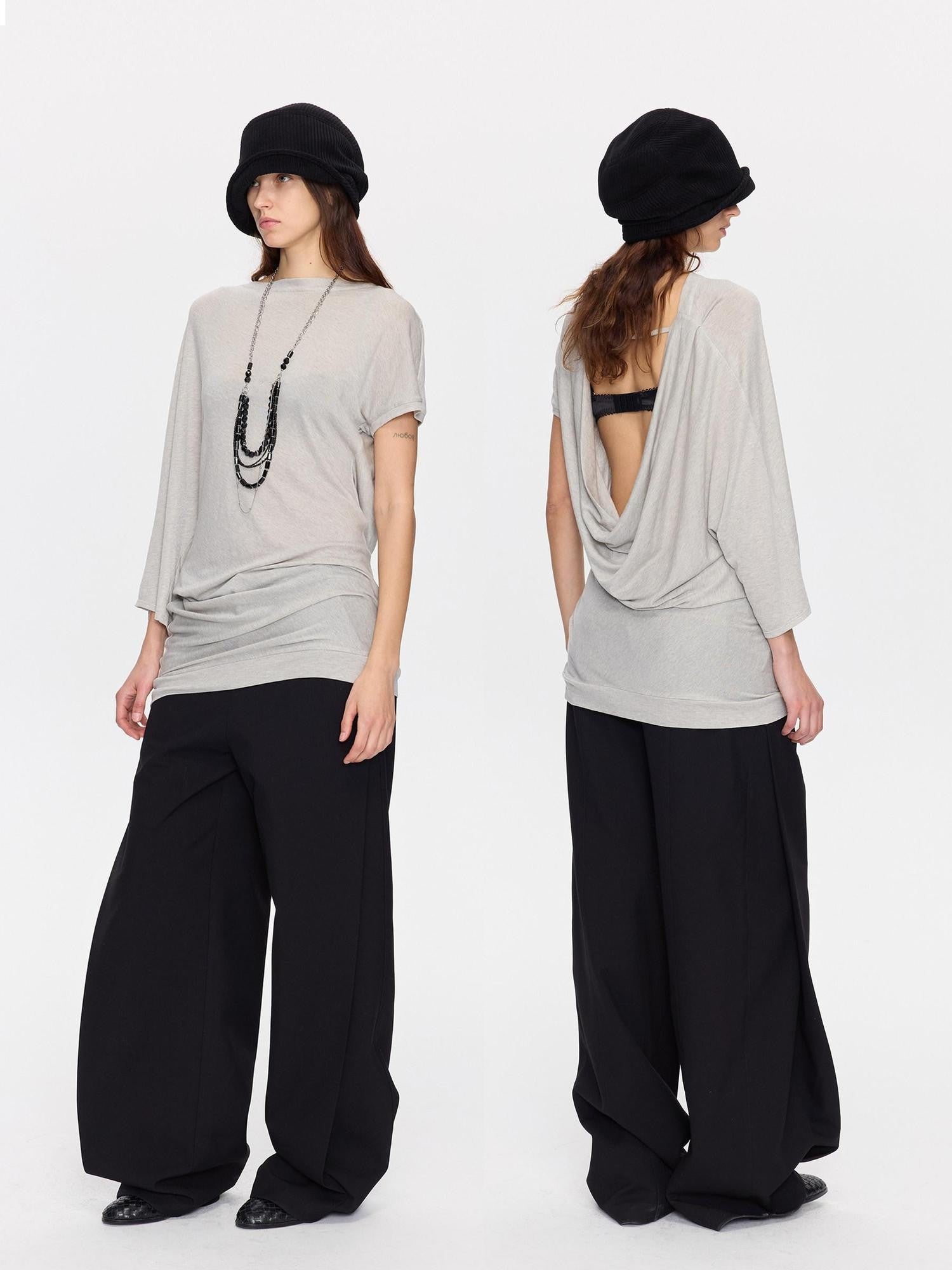 LYUOCHENG Open Back Irregular Batwing Draped Neck Women&