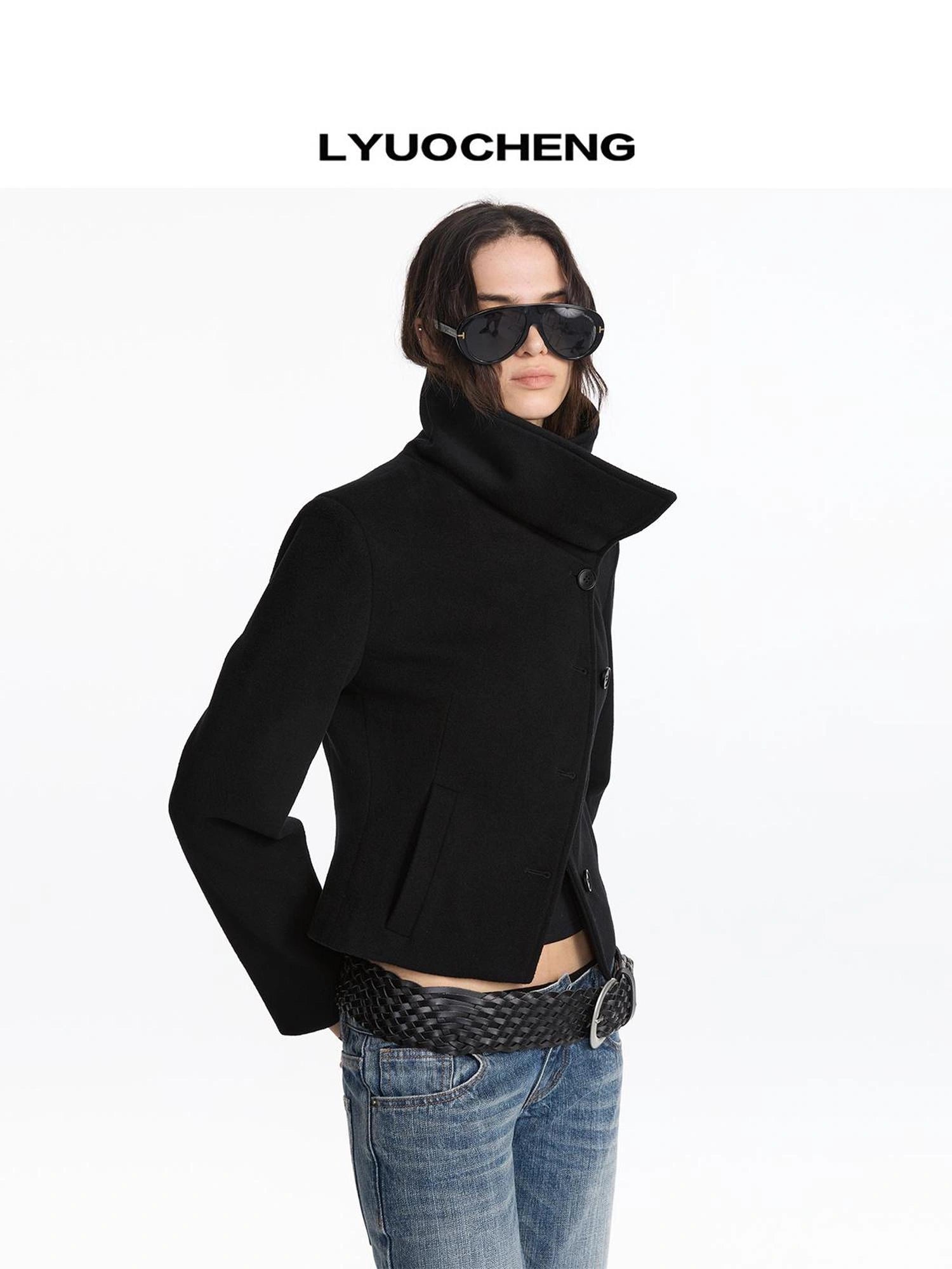 LYUOCHENG Oversized Lapel Wool Blend Short Coat