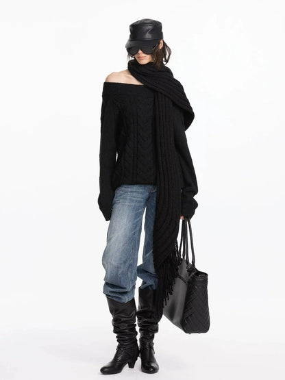 LYUOCHENG Oversized Off Shoulder Cable Knit Wool Sweater