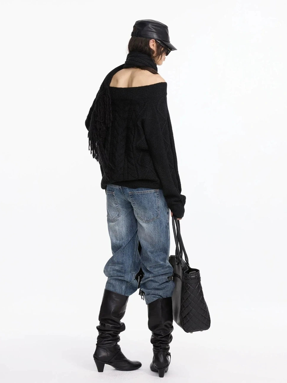 LYUOCHENG Oversized Off Shoulder Cable Knit Wool Sweater