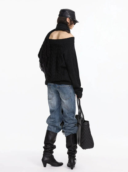 LYUOCHENG Oversized Off Shoulder Cable Knit Wool Sweater