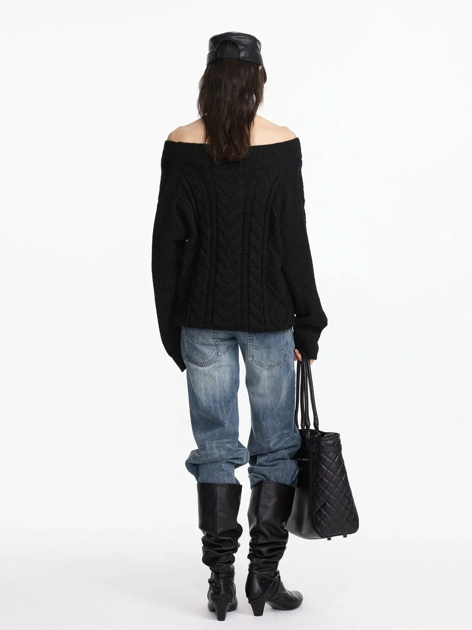 LYUOCHENG Oversized Off Shoulder Cable Knit Wool Sweater